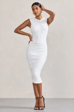 Alight| White Ruched Mesh Sleeveless Bodycon Midi Dress -Sangyong Store WB CC CL128817005 Alight WhiteRuchedMeshSleevelessBodyconMidiDress1