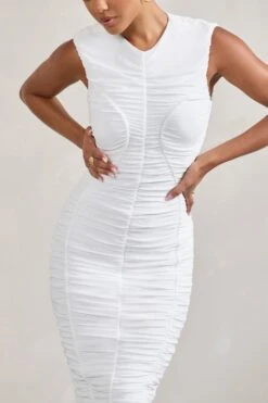 Alight| White Ruched Mesh Sleeveless Bodycon Midi Dress -Sangyong Store WB CC CL128817005 Alight WhiteRuchedMeshSleevelessBodyconMidiDress5