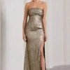 Showstopper | Gold Metallic Strapless Open-Back Split Maxi Dress 1 Showstopper | Gold Metallic Strapless Open-Back Split Maxi Dress -Sangyong Store WB CC CL128847007 ShowstopperGoldStraplessOpen BackSplitMaxiDress0