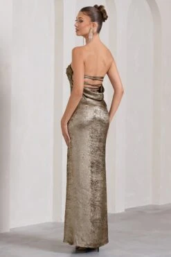 Showstopper | Gold Metallic Strapless Open-Back Split Maxi Dress -Sangyong Store WB CC CL128847007 ShowstopperGoldStraplessOpen BackSplitMaxiDress4