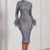 Marilyn | Silver Sequin Long-Sleeved Midi Dress With Feather Cuffs -Sangyong Store WB CC CL128858013 MarilynSilverSequinLong SleevedMidiDressWithFeatherCuffs3