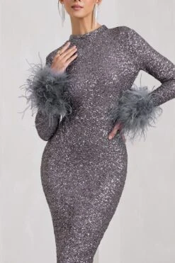 Marilyn | Silver Sequin Long-Sleeved Midi Dress With Feather Cuffs -Sangyong Store WB CC CL128858013 MarilynSilverSequinLong SleevedMidiDressWithFeatherCuffs7