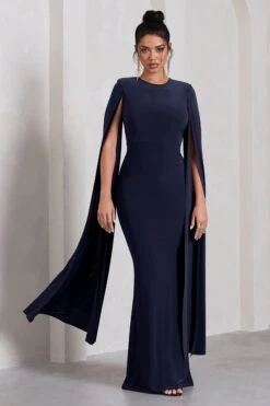 Kimmy | Navy High Neck Maxi Dress With Cape Sleeves -Sangyong Store WB CC CL129258015 KimmyNavyHighNeckMaxiDresswithFloorLengthSleeves2