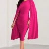 Marysol | Pink Asymmetric Cape Midi Dress