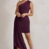 Charlie | Plum One Shoulder Ruched Mini Dress With Statement Drape -Sangyong Store WB CC CL129320 CharliePlumOneShoulderRuchedMiniDressWithStatementDrape1