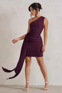 Charlie | Plum One Shoulder Ruched Mini Dress With Statement Drape -Sangyong Store WB CC CL129320 CharliePlumOneShoulderRuchedMiniDressWithStatementDrape2