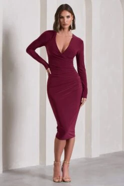Marcia | Burgundy Bodycon Plunge-Neck Midi Dress 11 Marcia | Burgundy Bodycon Plunge-Neck Midi Dress -Sangyong Store WB CC CL129785069 MarciaBurgundyBodyconPlunge NeckMidiDress2