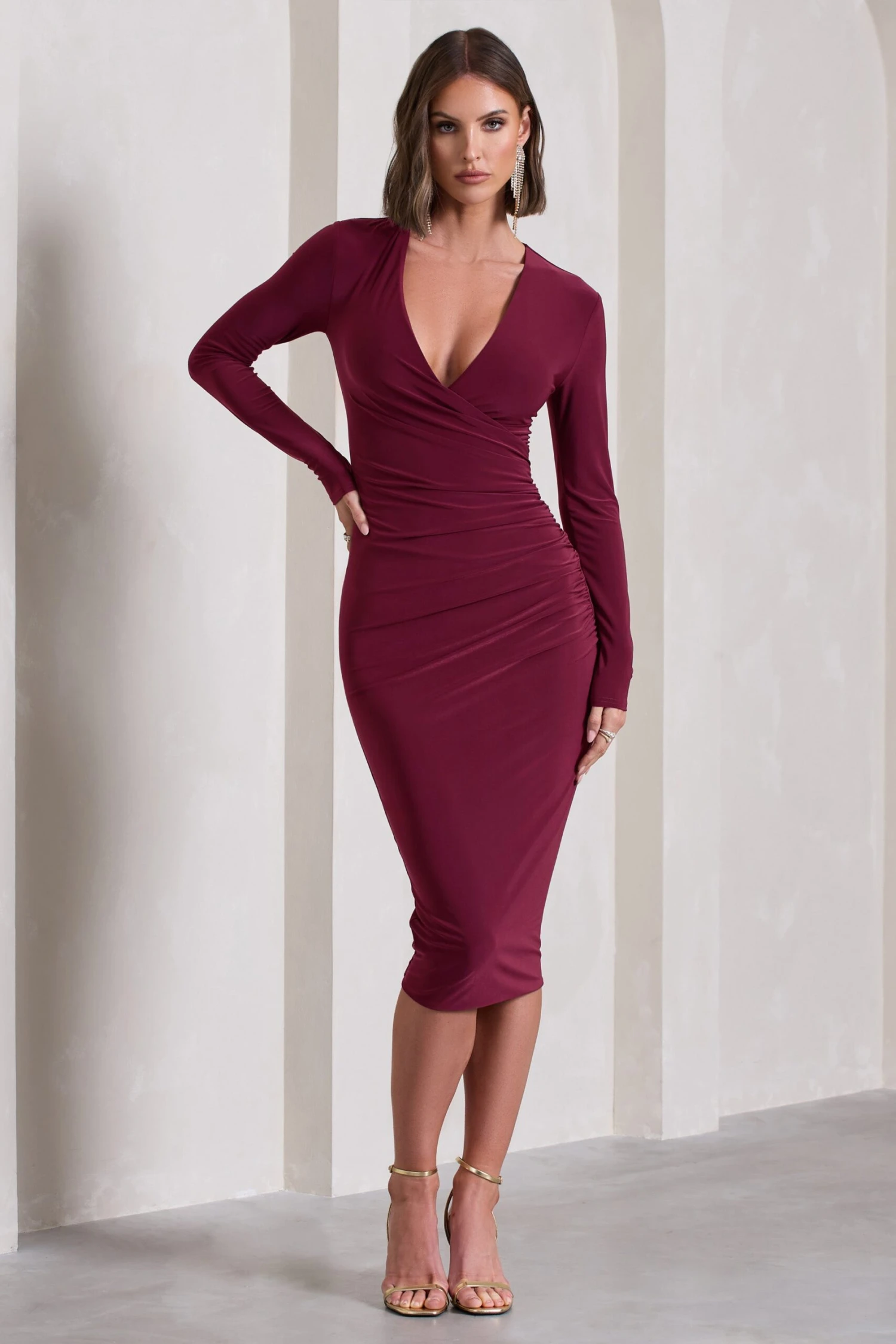 Marcia | Burgundy Bodycon Plunge-Neck Midi Dress 7 Marcia | Burgundy Bodycon Plunge-Neck Midi Dress - Image 5