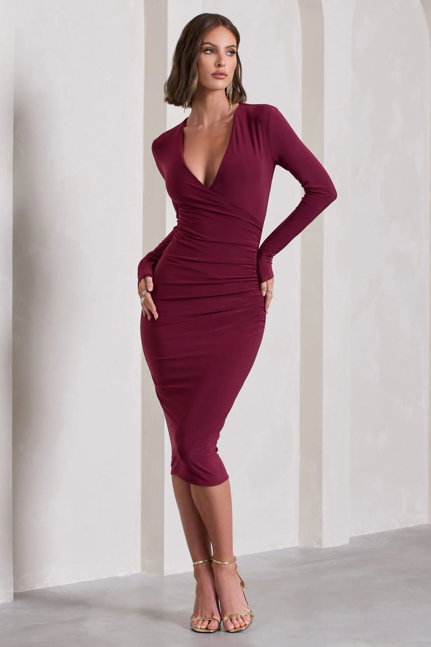 Marcia | Burgundy Bodycon Plunge-Neck Midi Dress 3 Marcia | Burgundy Bodycon Plunge-Neck Midi Dress