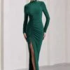 Lynn | Bottle Green Ruched High-Neck Split Maxi Dress -Sangyong Store WB CC CL129797047 Lynn BottleGreenRuchedHigh NeckSplitMaxiDress2