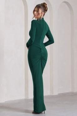 Lynn | Bottle Green Ruched High-Neck Split Maxi Dress -Sangyong Store WB CC CL129797047 Lynn BottleGreenRuchedHigh NeckSplitMaxiDress4