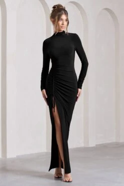 Lynn | Black Ruched High-Neck Split Maxi Dress -Sangyong Store WB CC CL129797069 LynnBurgundyRuchedHigh NeckSplitMaxiDress2