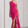 Rewind | Hot Pink Asymmetric Sleeveless Split Maxi Dress With Drape 2 Rewind | Hot Pink Asymmetric Sleeveless Split Maxi Dress With Drape -Sangyong Store WB CC CL129805073 RewindHotPinkAsymmetricSleevelessSplitMaxiDressWithDrape0