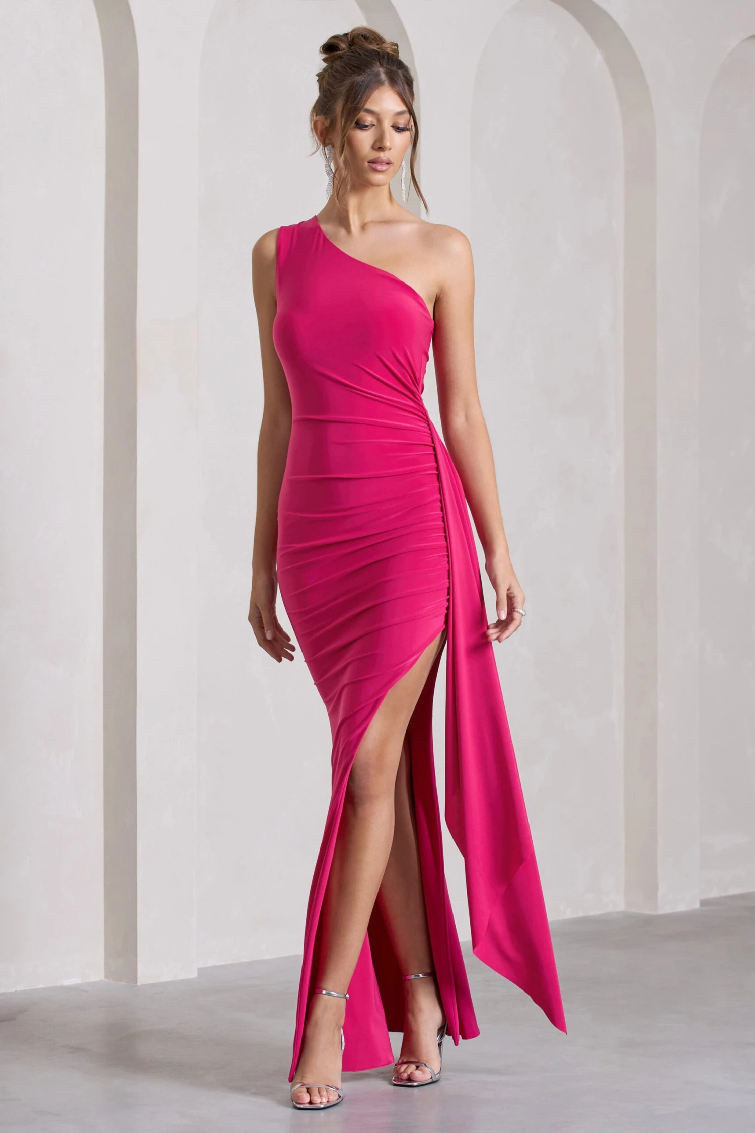 Rewind | Hot Pink Asymmetric Sleeveless Split Maxi Dress With Drape 3 Rewind | Hot Pink Asymmetric Sleeveless Split Maxi Dress With Drape