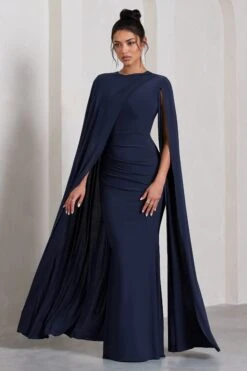Magdelena | Navy Asymmetric Cape Maxi Dress