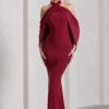 Revelation | Berry Red Crossed Halter-Neck Fishtail Maxi Dress With Cape -Sangyong Store WB CC CL130017037 RevelationBerryRedCrossedHalter NeckFishtailMaxiDressWithCape0