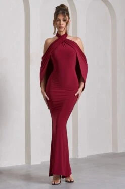 Revelation | Berry Red Crossed Halter-Neck Fishtail Maxi Dress With Cape -Sangyong Store WB CC CL130017037 RevelationBerryRedCrossedHalter NeckFishtailMaxiDressWithCape1