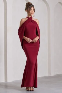 Revelation | Berry Red Crossed Halter-Neck Fishtail Maxi Dress With Cape -Sangyong Store WB CC CL130017037 RevelationBerryRedCrossedHalter NeckFishtailMaxiDressWithCape4