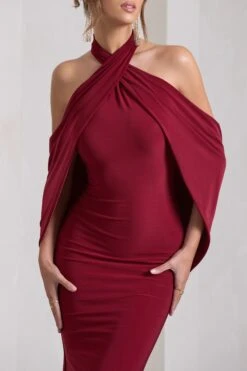 Revelation | Berry Red Crossed Halter-Neck Fishtail Maxi Dress With Cape -Sangyong Store WB CC CL130017037 RevelationBerryRedCrossedHalter NeckFishtailMaxiDressWithCape6
