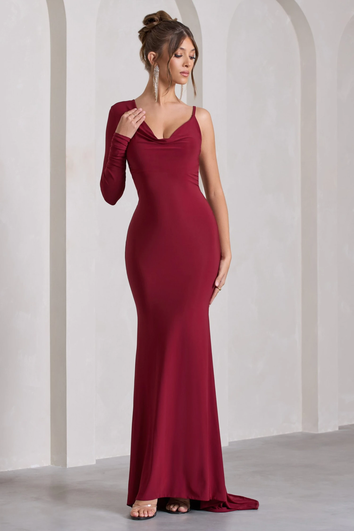 At Dusk | Berry Red One-Sleeved Cowl-Neck Fishtail Maxi Dress 6 At Dusk | Berry Red One-Sleeved Cowl-Neck Fishtail Maxi Dress - Image 4