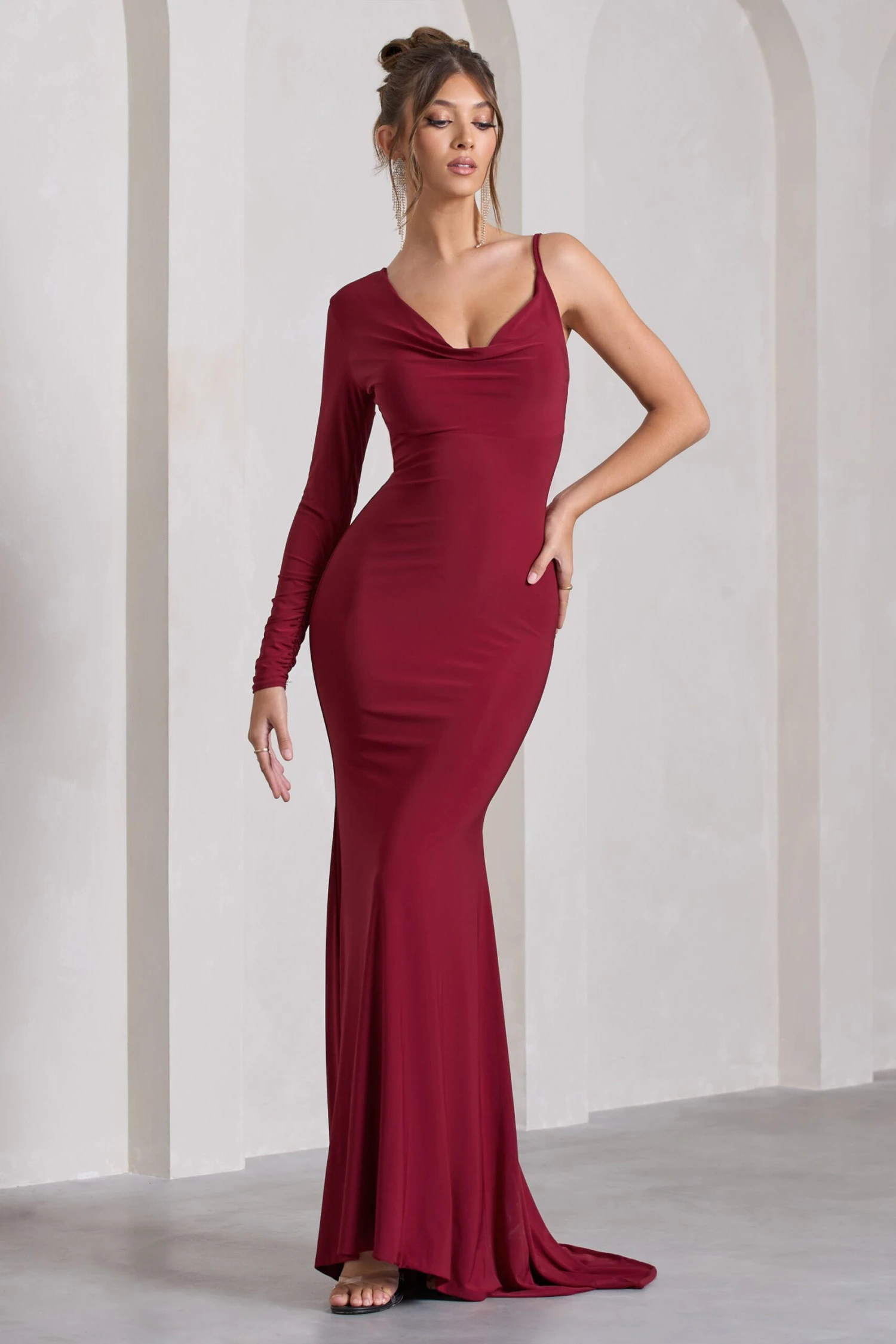 At Dusk | Berry Red One-Sleeved Cowl-Neck Fishtail Maxi Dress 3 At Dusk | Berry Red One-Sleeved Cowl-Neck Fishtail Maxi Dress