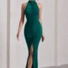 Memorable | Bottle Green Ruched High-Neck Split Fishtail Maxi Dress 2 Memorable | Bottle Green Ruched High-Neck Split Fishtail Maxi Dress -Sangyong Store WB CC CL130019047 MemorableBottleGreenRuchedHigh NeckSplitFishtailMaxiDress2