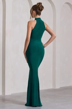 Memorable | Bottle Green Ruched High-Neck Split Fishtail Maxi Dress -Sangyong Store WB CC CL130019047 MemorableBottleGreenRuchedHigh NeckSplitFishtailMaxiDress8