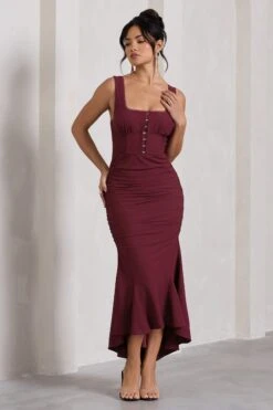 Savannah | Burgundy Square-Neck Corset Fishtail Maxi Dress -Sangyong Store WB CC CL132003069 SavannahBurgundySquare NeckCorsetFishtailMidiDress3 bb5e185a ca73 4ed1 8480 e475042679cd