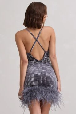 Sangyong Store -Sangyong Store WB CC CL133034013 MirrorMeSilverVelvetEmbellishedCowl NeckMiniDressWithFeatherTrim8