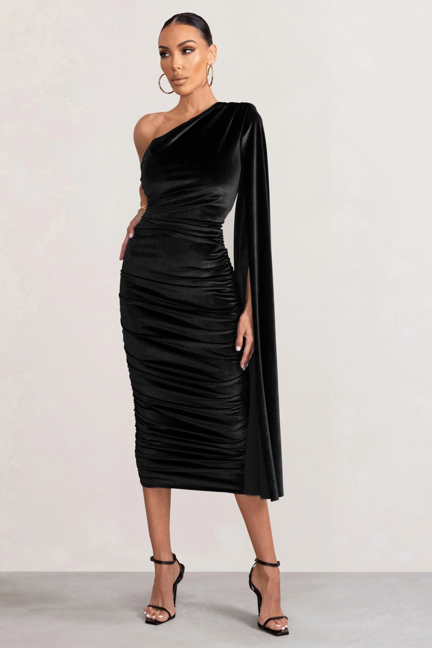 Gianna | Black Velvet One Shoulder Cape Bodycon Midi Dress 6 Gianna | Black Velvet One Shoulder Cape Bodycon Midi Dress - Image 4