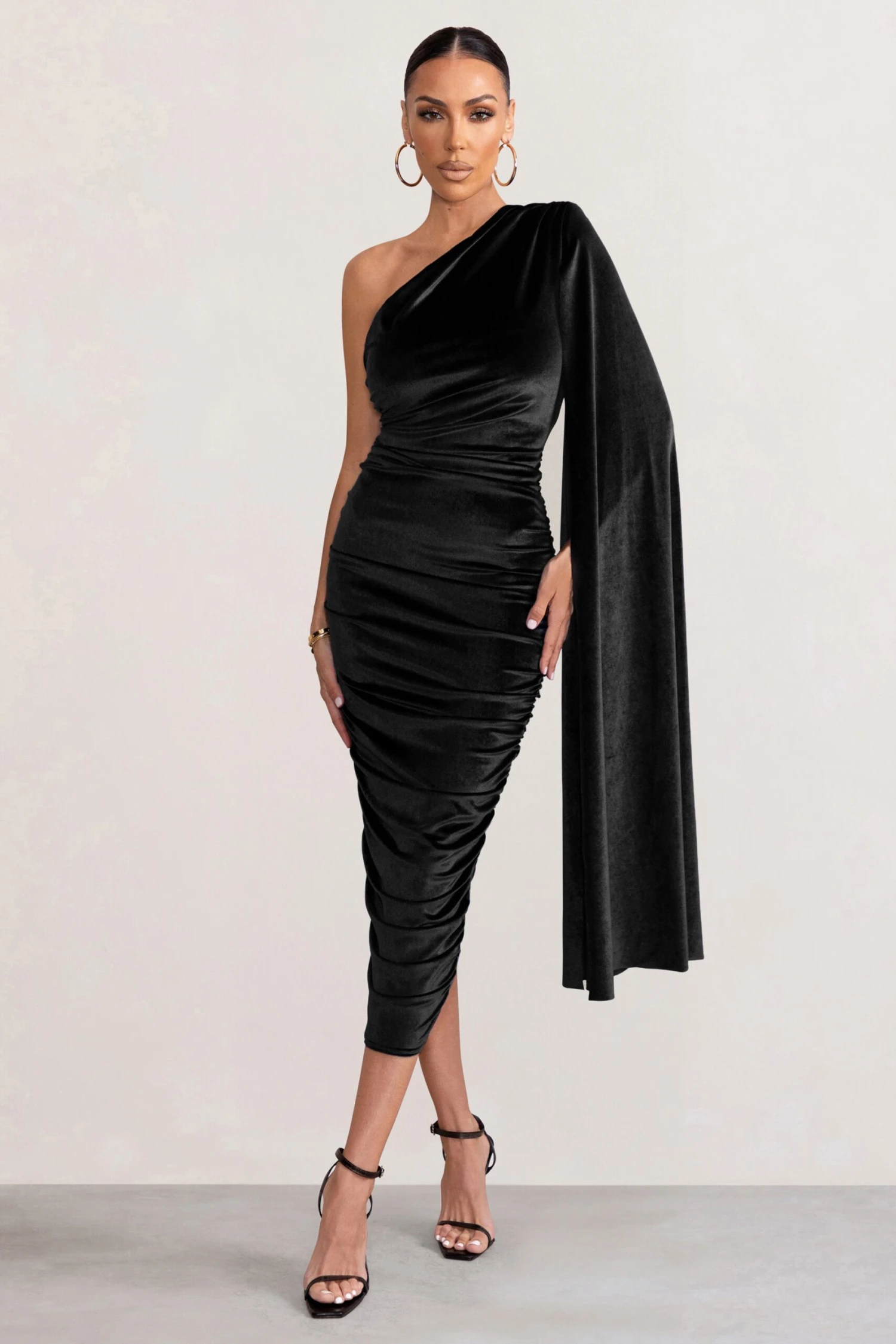 Gianna | Black Velvet One Shoulder Cape Bodycon Midi Dress 3 Gianna | Black Velvet One Shoulder Cape Bodycon Midi Dress