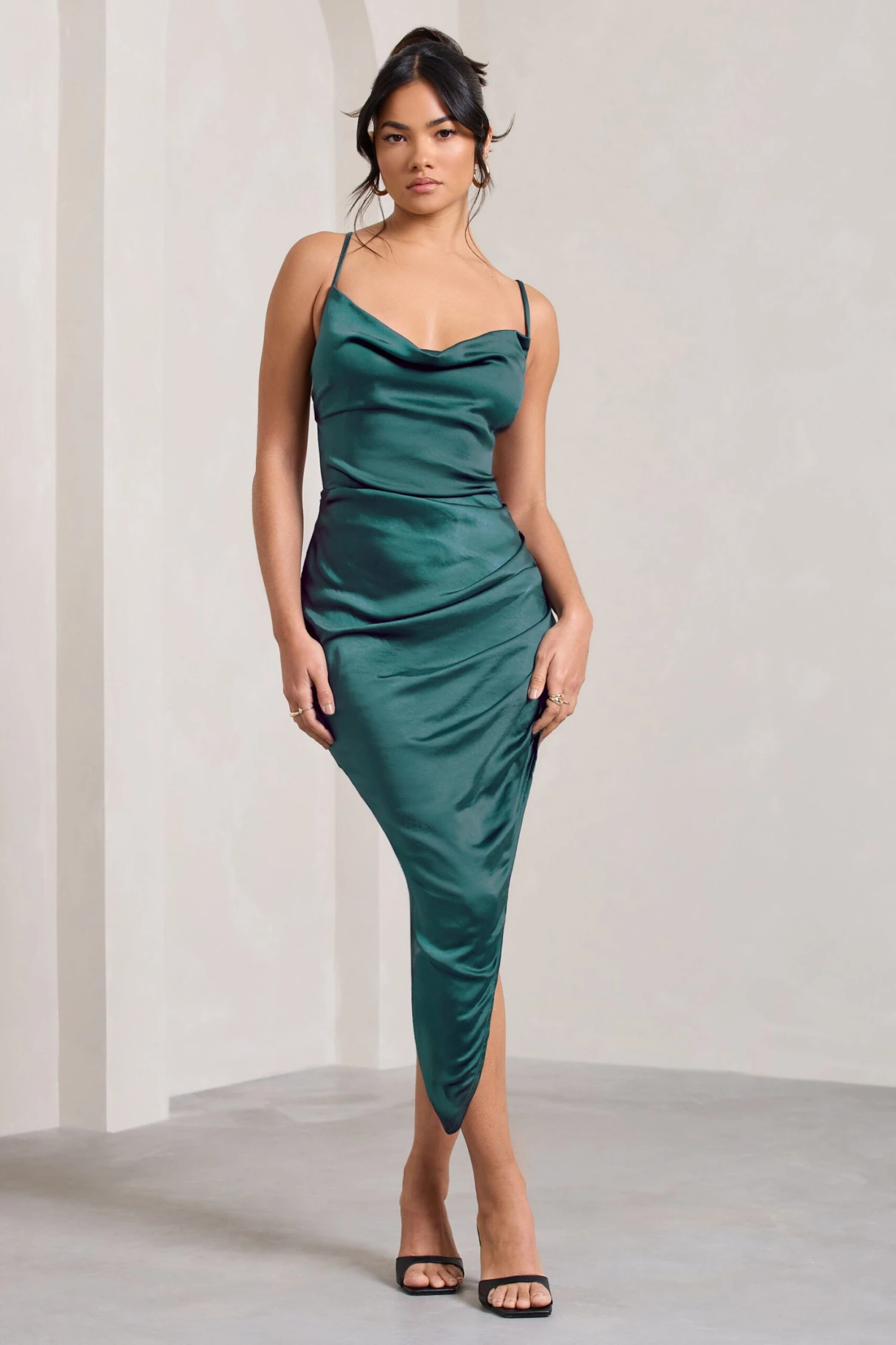 Risk It All | Teal Blue Satin Cami Cowl Neck Asymmetric Hem Midi Dress 7 Risk It All | Teal Blue Satin Cami Cowl Neck Asymmetric Hem Midi Dress - Image 5