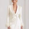 VIP | Ivory Satin Plunge Neck Blazer Mini Dress With Feather Cuff -Sangyong Store WB CC HR CL126149005 VIPWhitePlungeSatinFeatherBlazerMiniDress0