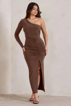 Mystical | Chocolate Brown One Shoulder Maxi Dress With Side Split 10 Mystical | Chocolate Brown One Shoulder Maxi Dress With Side Split -Sangyong Store WB CC HR CL126725 MysticalChocolateOneShoulderMaxiDressWithSideSplit1