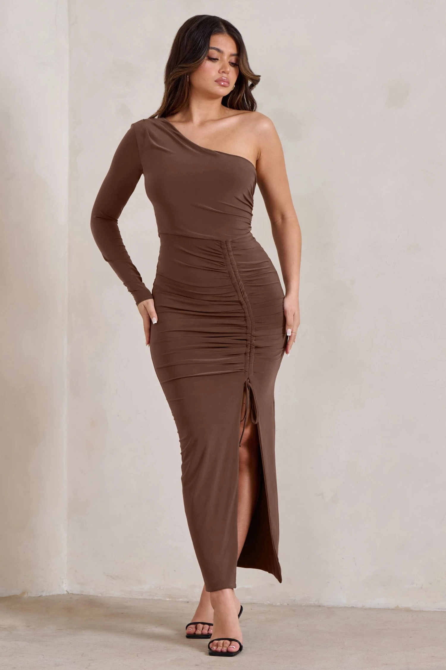 Mystical | Chocolate Brown One Shoulder Maxi Dress With Side Split 6 Mystical | Chocolate Brown One Shoulder Maxi Dress With Side Split - Image 4