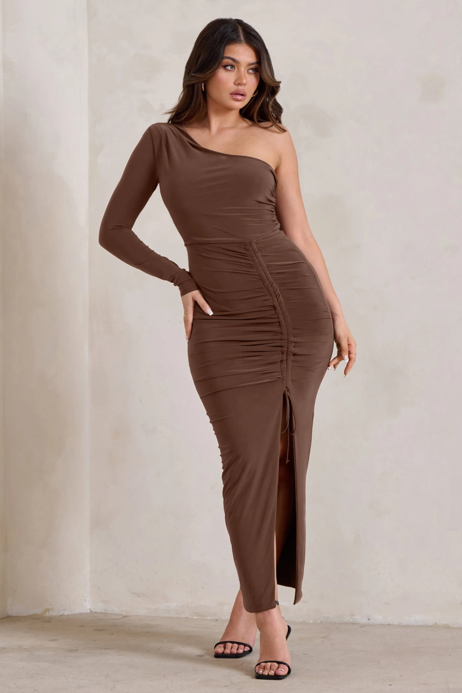 Mystical | Chocolate Brown One Shoulder Maxi Dress With Side Split 7 Mystical | Chocolate Brown One Shoulder Maxi Dress With Side Split - Image 5