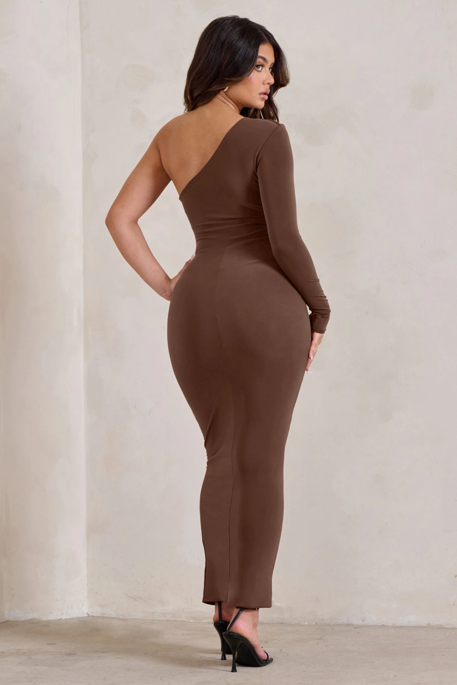 Mystical | Chocolate Brown One Shoulder Maxi Dress With Side Split 4 Mystical | Chocolate Brown One Shoulder Maxi Dress With Side Split - Image 2
