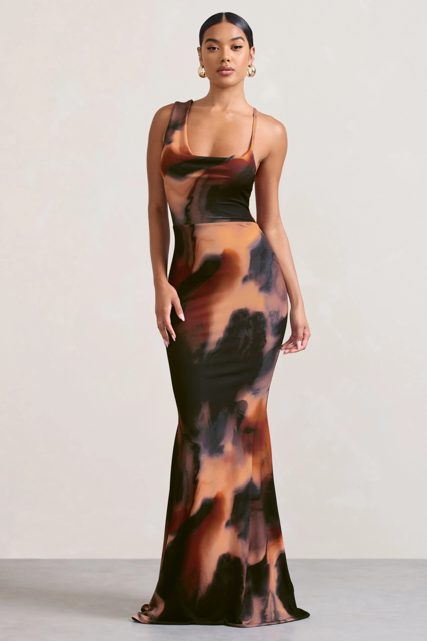 Phantasy |Orange Smoke Print Asymmetric Neckline Cowl Maxi Dress 3 Phantasy |Orange Smoke Print Asymmetric Neckline Cowl Maxi Dress