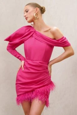 RSVP | Hot Pink Asymmetric Volume Sleeve Draped Feather Mini Dress -Sangyong Store WB CC HR CL126763 RSVP HotPinkAsymmetricVolumeSleeveDrapedFeatherMiniDress1