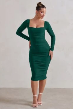 Seductress | Bottle Green Square Neck Bodycon Midi Dress With Long Sleeves -Sangyong Store WB CC HR CL127075 SeductressBottleGreenLongSleeveSquareNeckRuchedMidiDress1