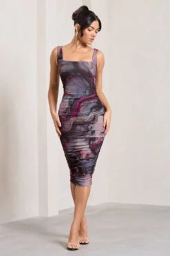 Lisbon | Marble Blue Print Square Neck Ruched Midi Dress -Sangyong Store WB CC HR CL127326168 Lisbon MarbleBluePrintSquareNeckRuchedMidiDress2