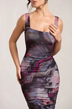 Lisbon | Marble Blue Print Square Neck Ruched Midi Dress -Sangyong Store WB CC HR CL127326168 Lisbon MarbleBluePrintSquareNeckRuchedMidiDress4