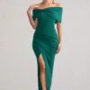 Eva | Green Bardot Bow Detail Maxi Dress With Thigh Split -Sangyong Store WB CC HR CL127770 EvaBottleGreenBardotBowDetailMaxiDressWithThighSplit2