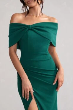 Eva | Green Bardot Bow Detail Maxi Dress With Thigh Split -Sangyong Store WB CC HR CL127770 EvaBottleGreenBardotBowDetailMaxiDressWithThighSplit3