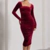 Seductress | Berry Velvet Square Neck Bodycon Midi Dress With Long Sleeves 2 Seductress | Berry Velvet Square Neck Bodycon Midi Dress With Long Sleeves -Sangyong Store WB CC HR CL127976047 SeductressBerryVelvetSquareNeckBodyconMidiDressWithLongSleeves1copy