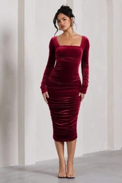 Seductress | Berry Velvet Square Neck Bodycon Midi Dress With Long Sleeves -Sangyong Store WB CC HR CL127976047 SeductressBerryVelvetSquareNeckBodyconMidiDressWithLongSleeves2copy