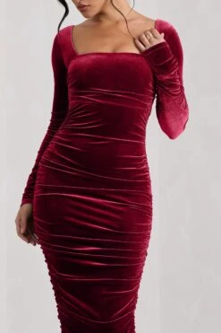 Seductress | Berry Velvet Square Neck Bodycon Midi Dress With Long Sleeves -Sangyong Store WB CC HR CL127976047 SeductressBerryVelvetSquareNeckBodyconMidiDressWithLongSleeves5copy