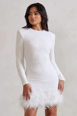 Claudia | White Sequin High Neck Feather Hem Mini Dress With Long Sleeves -Sangyong Store WB CC HR CL128035 ClaudiaWhiteSequinHighNeckFeatherHemMiniDressWithLongSleeves2