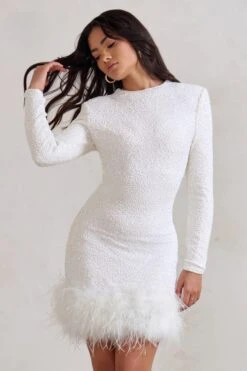 Claudia | White Sequin High Neck Feather Hem Mini Dress With Long Sleeves -Sangyong Store WB CC HR CL128035 ClaudiaWhiteSequinHighNeckFeatherHemMiniDressWithLongSleeves3
