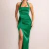 Niomie | Bottle Green Satin Halter Neck Knot Maxi Dress 2 Niomie | Bottle Green Satin Halter Neck Knot Maxi Dress -Sangyong Store WB CC HR CL128197 NiomieBottleGreenSatinHalterNeckKnotMaxiDress0